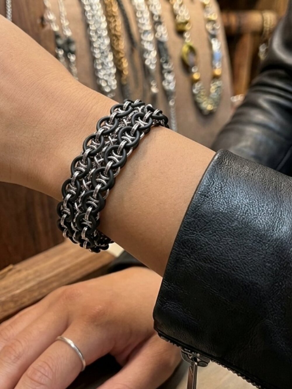 Artisan Vipera Berus Stretch Cuff–Stainless Steel & Matte Rubber Handcrafted